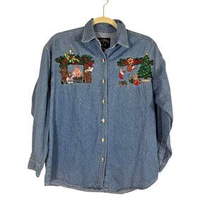 Vintage Christmas Denim Shirt M Blue Festive Holiday Classic Chic 80s Preppy